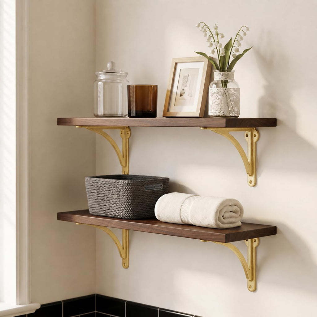 100% Solid Brass Decorative Shelf Brackets, 7-inch Wall-Mounted Shelving Brackets, 2-Pack Antique Gold Vintage Metal