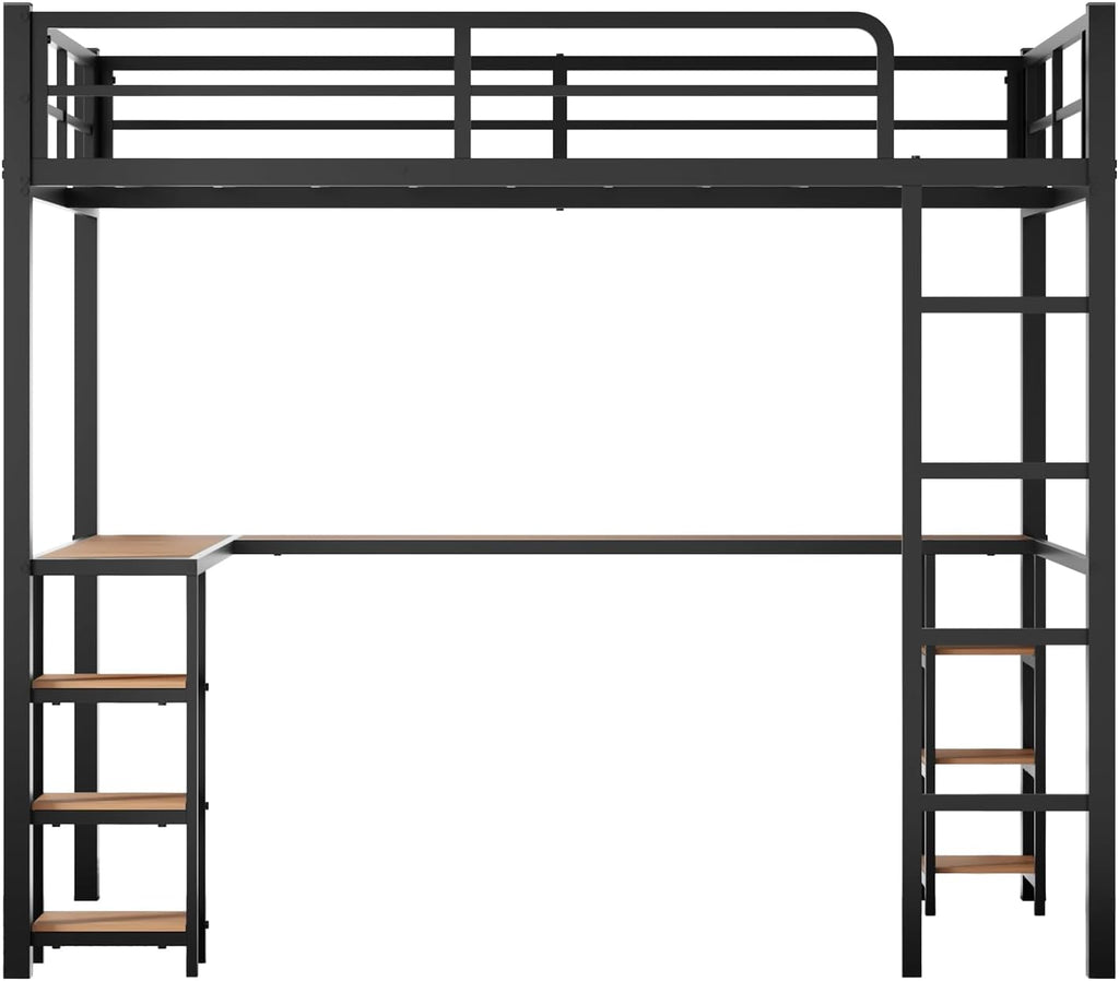 Full Loft Bed with Desk & Open Shelves, Heavy Duty Metal Bed Frame with Safety Guardrails & Ladder