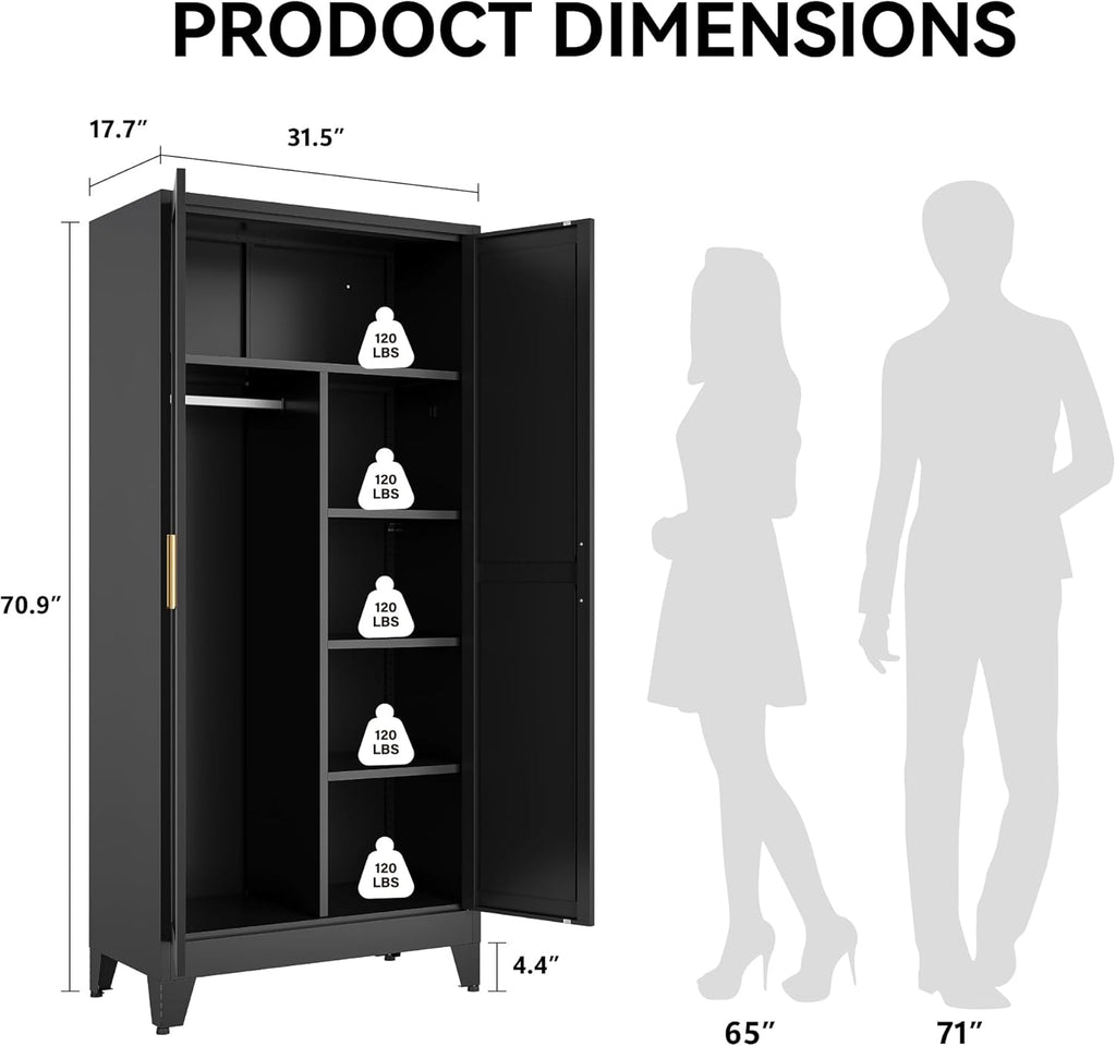 Black Metal Wardrobe Closet, Reversible 2-Section Design with Hanging Rod & Adjustable Shelves, 71" Freestanding