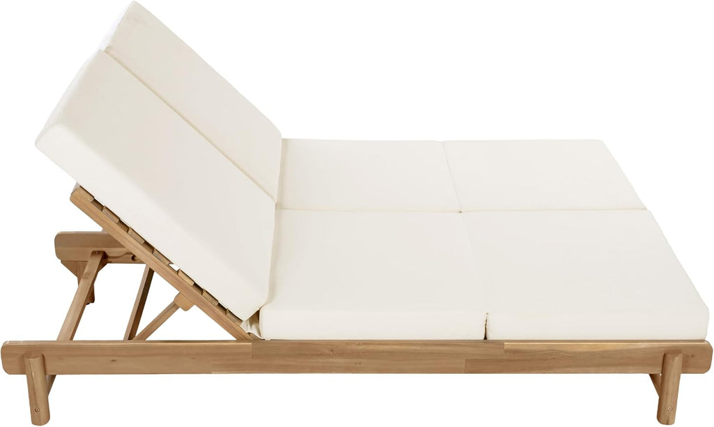 Set of 2 Outdoor Chaise Lounges with 3-Fold Cushions, Acacia Wood Recliner Chair Frame with Slatted Design