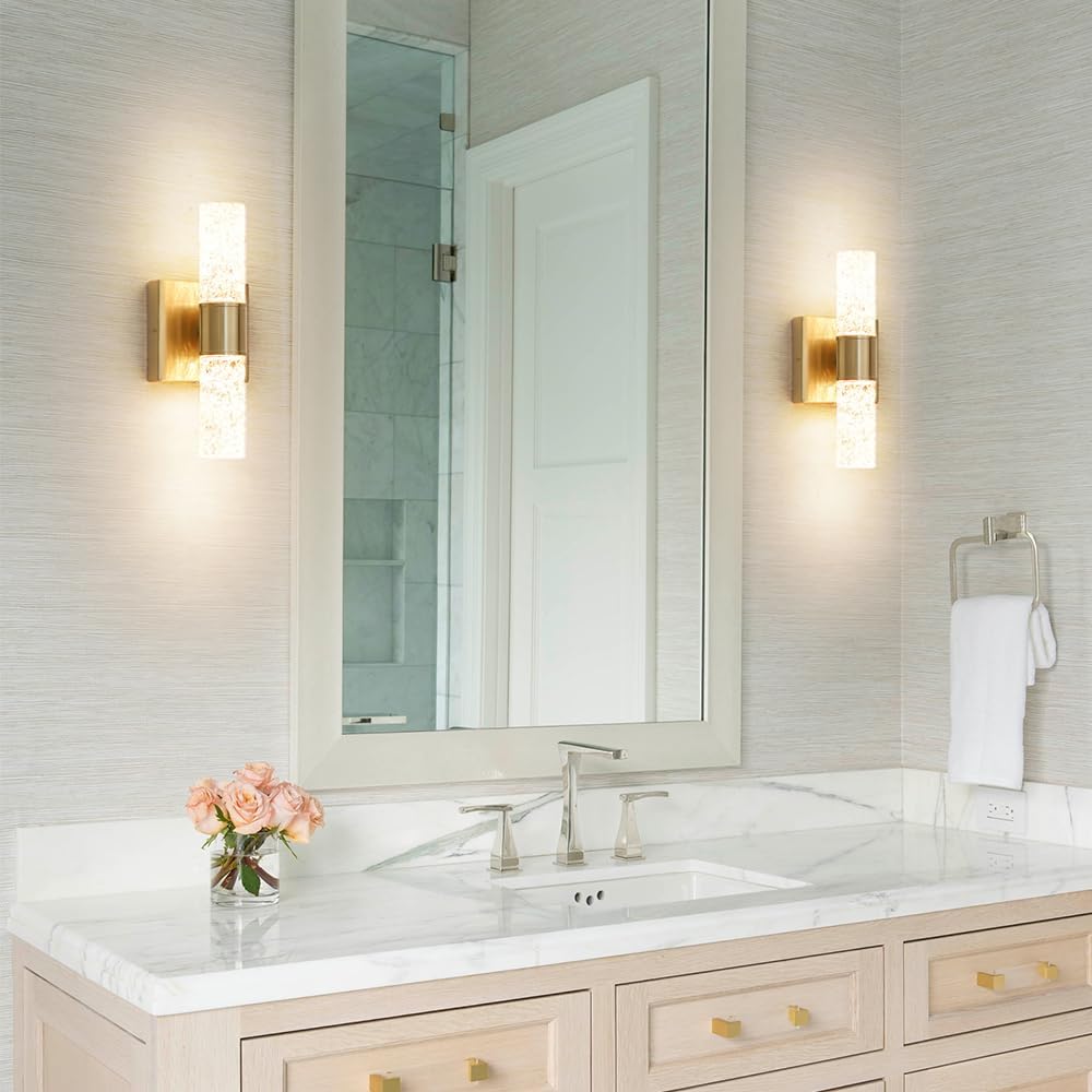 Crystal LED Wall Sconces Set of 2, Brushed Gold Bathroom Light Fixtures, Modern Bathroom Sconce Lights with Wired LED