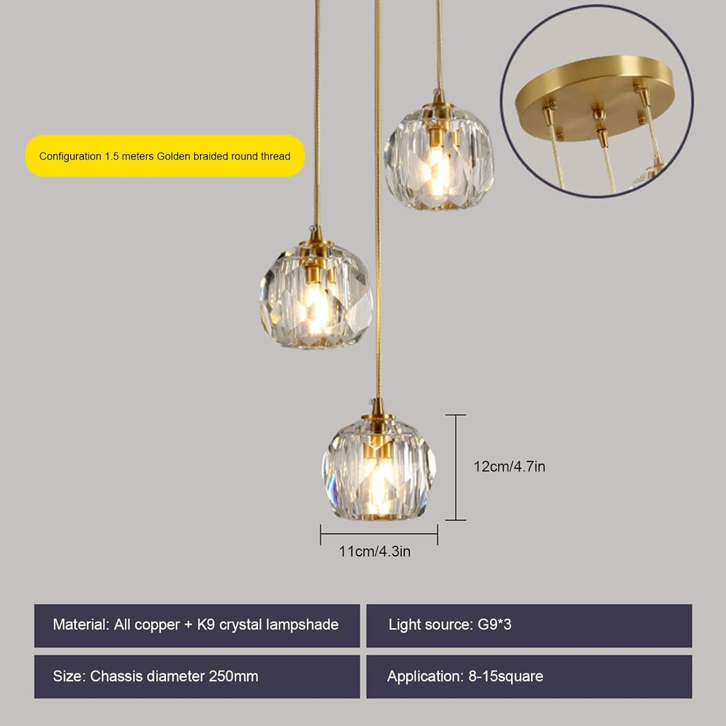 Crystal Chandelier _Light Fixture,All Copper Light Luxury Crystal Lamps Pendant Light,for Bedroom, Hallway, Bar Lighting,3 Heads Dome Plate