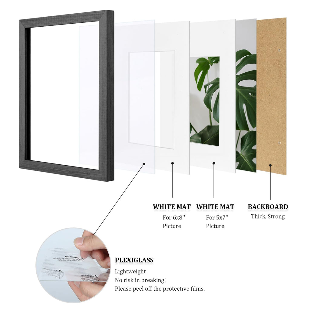 A4 Picture Frames Set of 4, Made of Solid Wood Covered by Plexiglass 5x7 and 6x8 with Mat or A4 without Mat, for