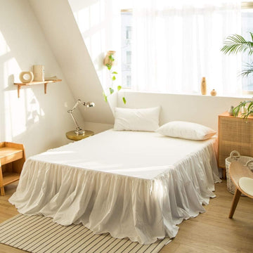 French Linen Bed Skirt with Pleated Frills 18-Inch Tailored Drop Natural Flax Cotton Blend Dust Ruffle Soft Cozy