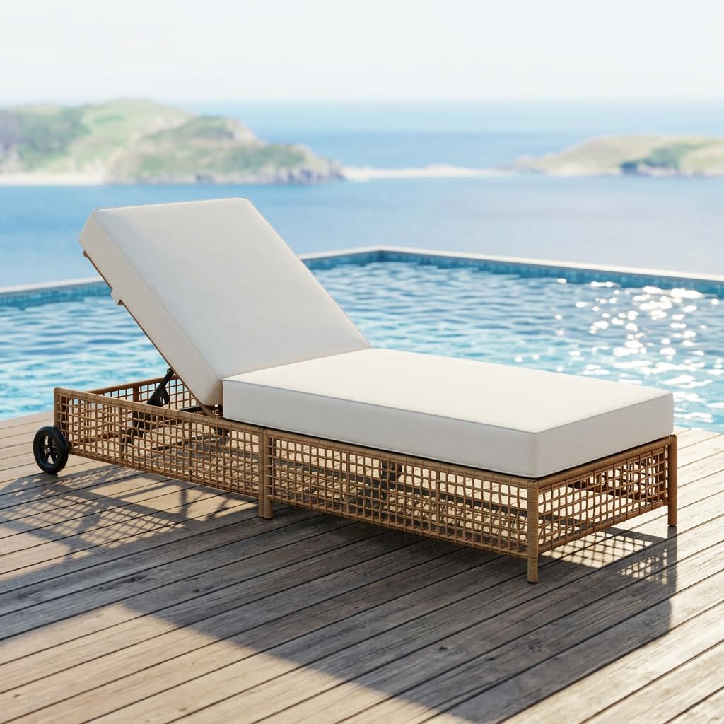Outdoor Patio Chaise Lounge with Cushion, Acacia Wood and Wicker Sun Lounger, 5-Position Adjustable Backrest, Garden