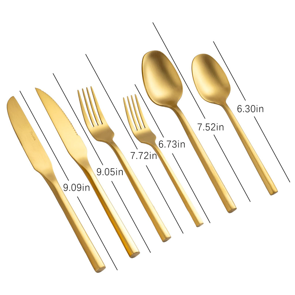 Gold Silverware Set with Steak Knives, Flatware Set with Hexagon Handle 24 Pieces 18/0 Stainless Steel Cutlery Set
