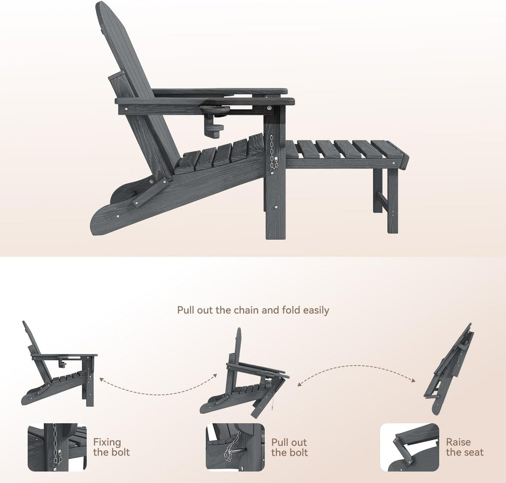 HDPE Folding Adirondack Chair, 20" W | 400 lbs | 2 Cup Holders, Grey | Weather Resistant, Retractable Ottoman, Wooden