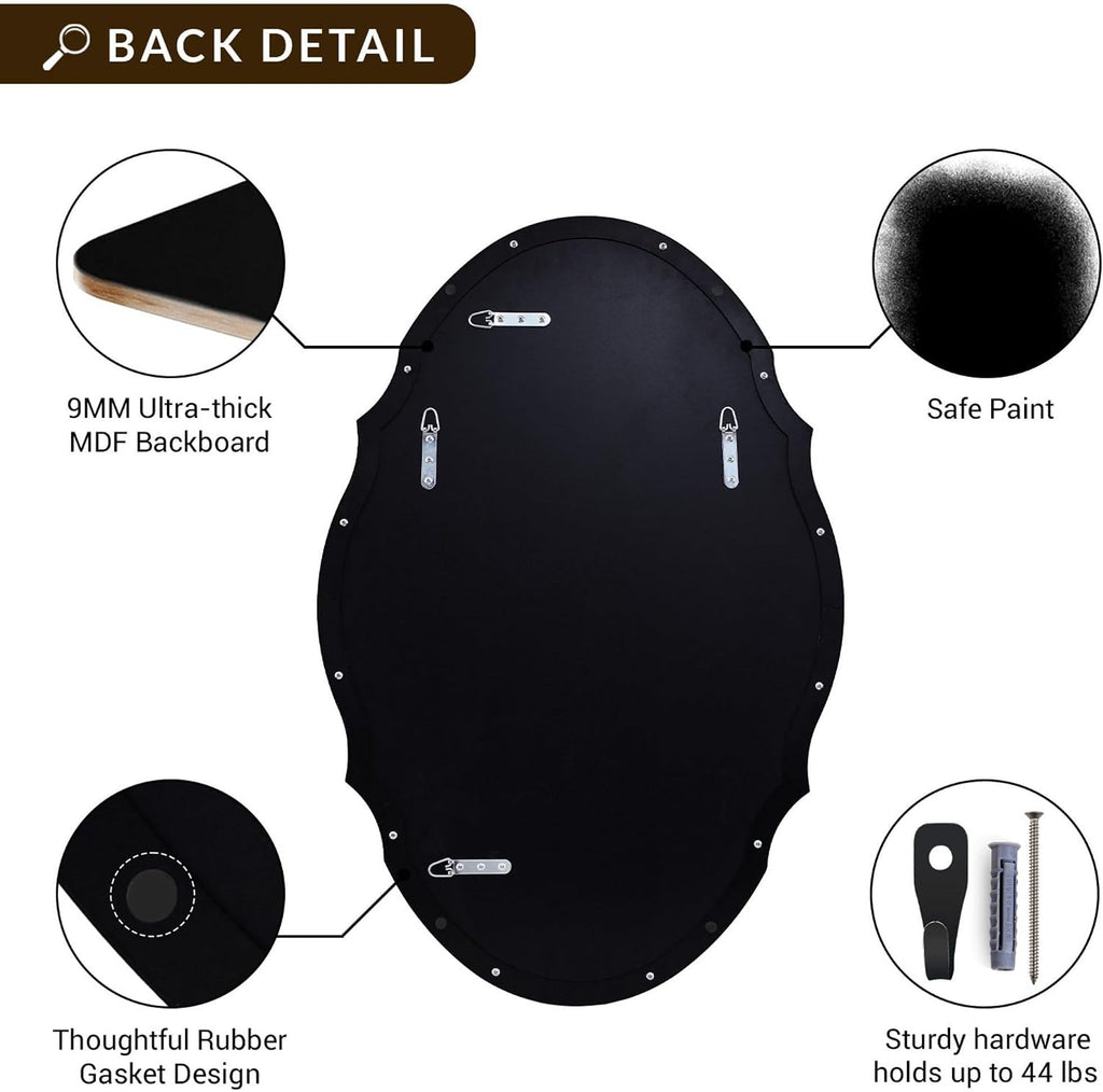 Black Scalloped Mirror, 24x36 Matte Black Scalloped Oval Mirror for Bathroom, Stainless Steel Frame, Modern