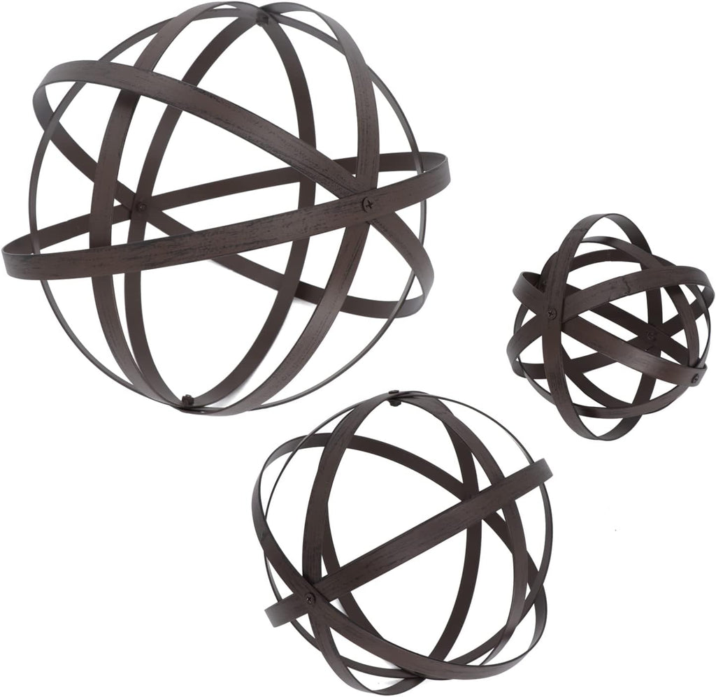 3 PCS Garden Spheres Balls Assorted Size Distressed Metal Band Decorative Sphere Folding Orbs Sculpture for Outdoor
