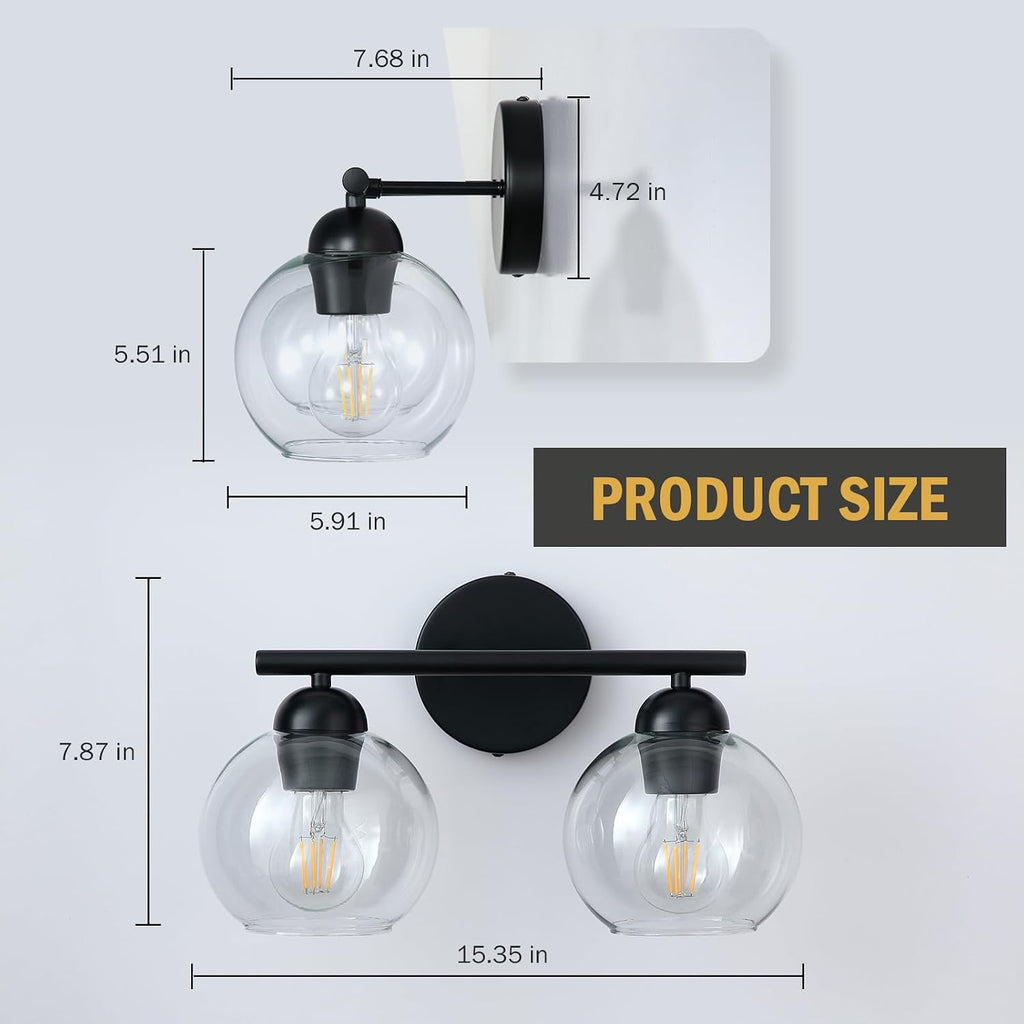 Black Bathroom Light Fixtures, 2 Light Bathroom Vanity Light with Globe Glass Shades, Modern Farmhouse Vanity Lights