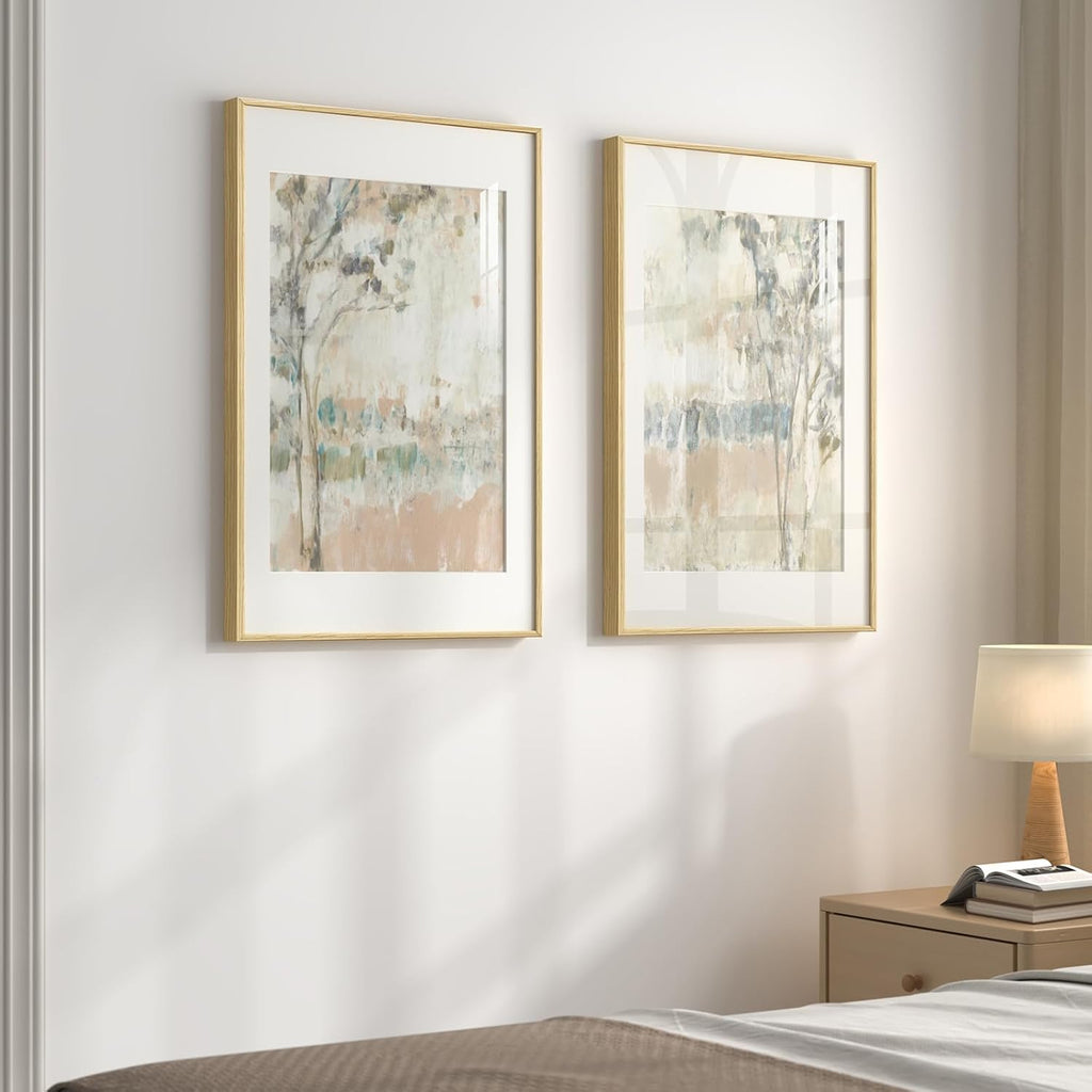 Framed Neutral Abstract Landscape Wall Art , Large Set of 2 Minimalist Tree Canvas Artwork for Walls, Modern Nature