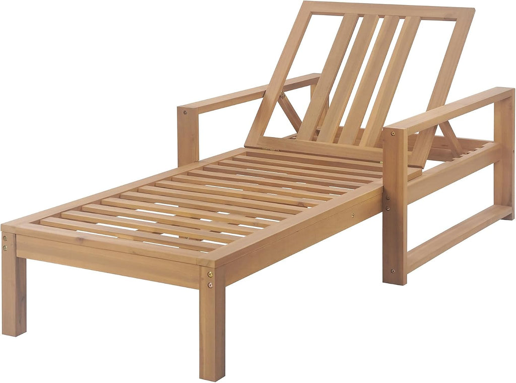 Acacia Wood Outdoor Chaise Lounge Set of 2, Patio 5-Postion Lounge Chairs with Adjustable Backrest & Beige Cushions