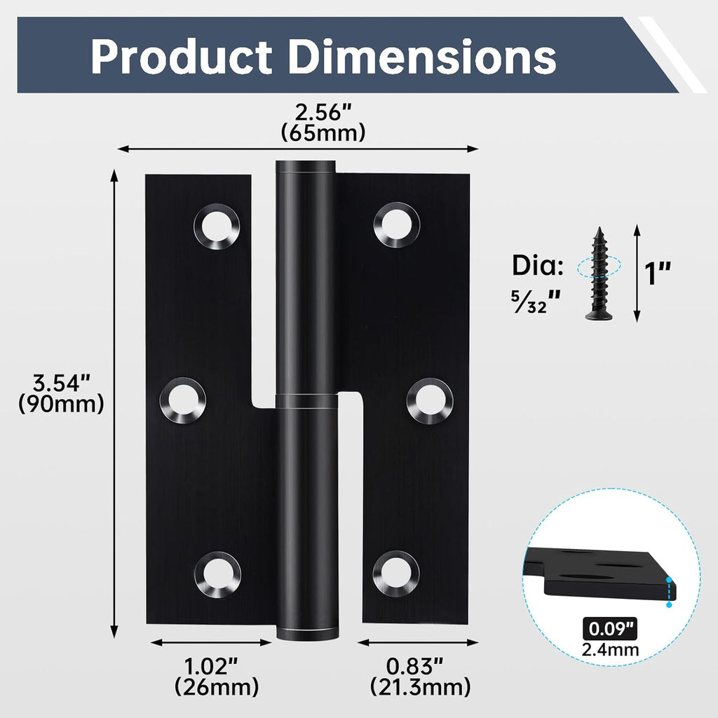 6 Pack Door Hinges Black Matte 3.5in x 2.5in Stainless Steel Door Hinge with Square Corner