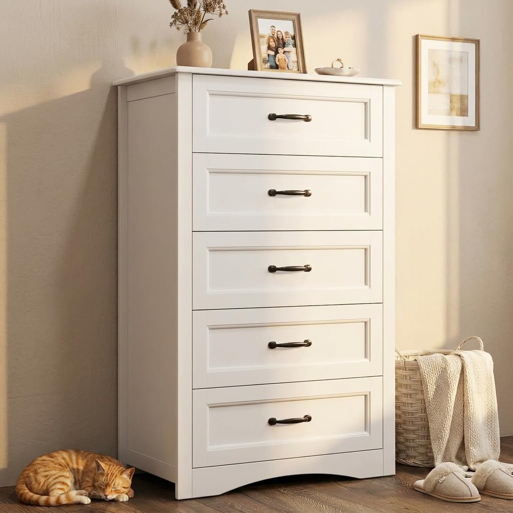 5 Drawer Dresser, White Wood Chest of Drawers , 43.3" Large Capacity Storage Cabinet with Anti-Tip Device, for