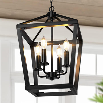 Farmhouse Chandelier 4-Light, Black Pendant Light Fixture Ceiling Hanging for Kitchen Island Dining Room, Lantern Industrial Lighting with Metal Cage Adjustable Height for Entryway Foyer