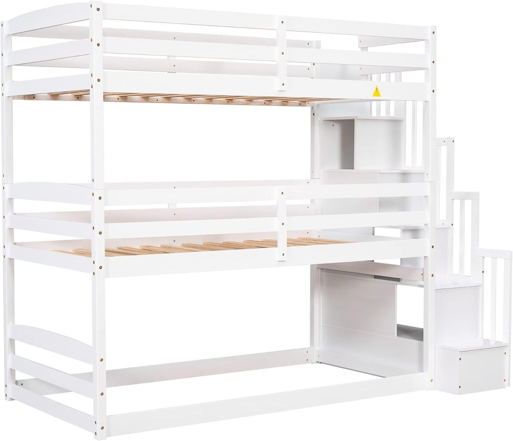 Solid Wood Triple Bunk Bed Twin with Storage Stairs and Shelves for Saving Space, Can Bed Separated Into 2 Beds