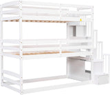 Solid Wood Triple Bunk Bed Twin with Storage Stairs and Shelves for Saving Space, Can Bed Separated Into 2 Beds