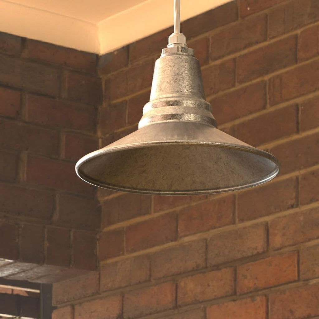 Woodman Farmhouse Pendant | Outdoor Ceiling Mounted | 12 inch Dome | 4' Black Cloth Cord| Kitchen Steel Light Made in America| Cream Exterior/Cream Interior
