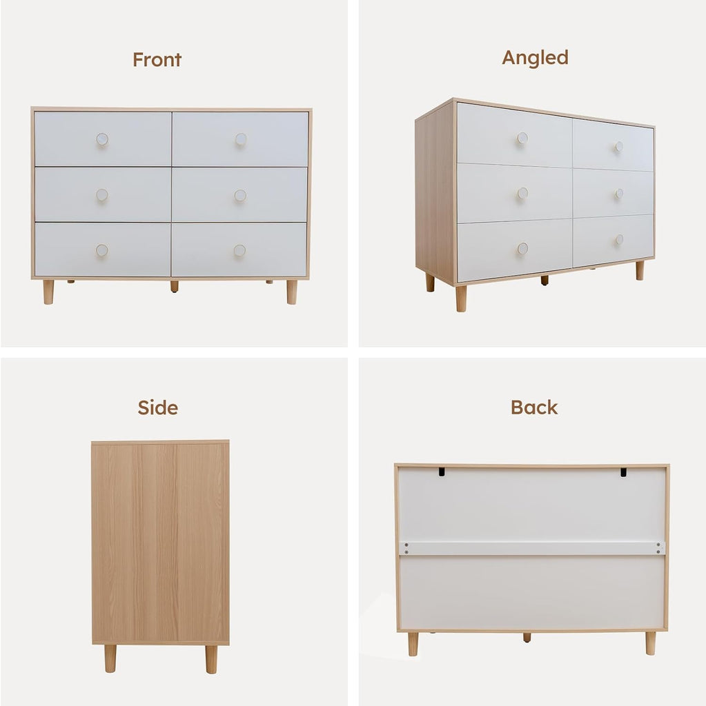 White Dresser , 6 Drawer Dressers with Solid Wood Legs, Baby Dresser for Kids, Storage for Clothes and Baby Essentials