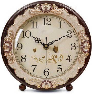 Vintage Table Clock, Retro Non-Ticking European Style Beside Desk Clock Battery Operated Silent Quartz Movement