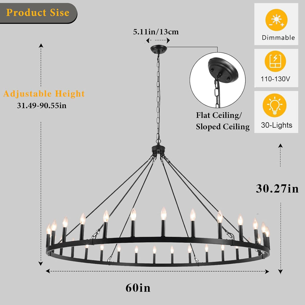 Inspired Camino Style Chandelier - Black Extra Large Wagon Wheel Chandelier, 60 inch 30 Lights Farmhouse Chandelier, Industrial Candle Round Pendant Light Fixture for High Ceiling Living Room Dining Room Entryway