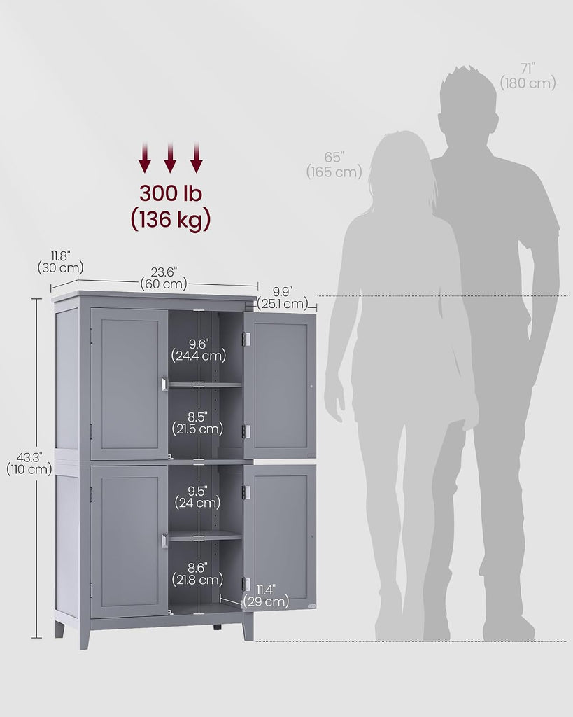 Floor Storage Cabinet, Freestanding Unit, 4 Doors | Adjustable Shelves, 11.8 x 23.6 x 43.3 Inches, Dove Gray