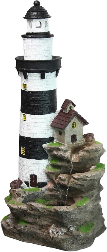 Outdoor Lighthouse Waterfall Fountain 38.58" Tall 3-Tiered Rock Water Feature with LED Lights Décor