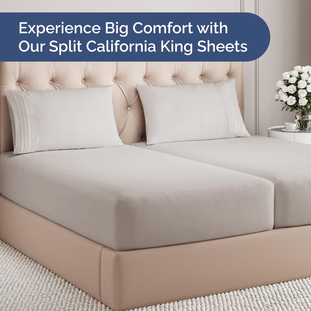 Split Cal King Bed Sheet Set - 5 Piece Split Cal King Sheets - Light Grey
