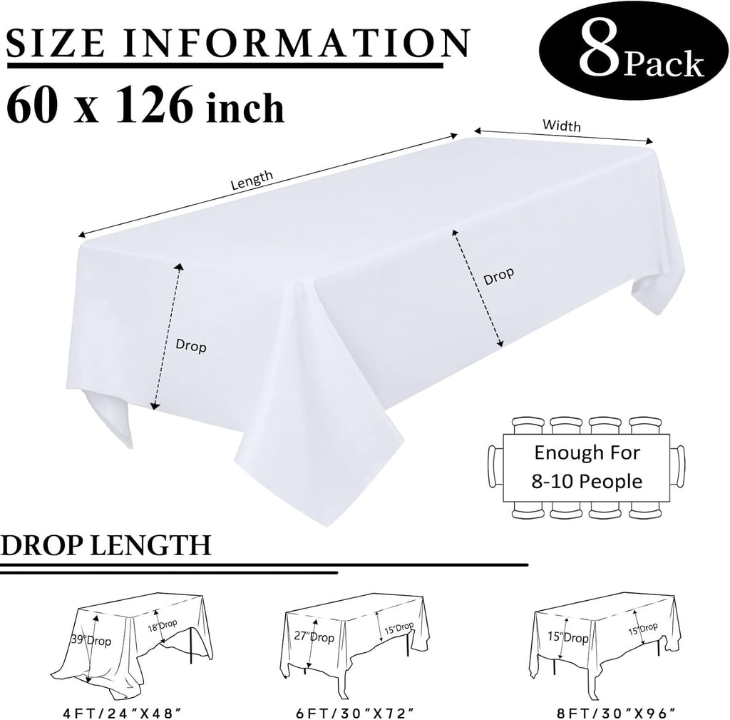 8 Packs White Table Cloth Rectangle 60x126 Inch for 8ft Rectangle Tables, Wrinkle Resistant Polyeste