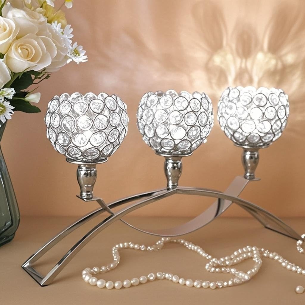 Crystal Candle Holders 3 Arms Silver Candelabras,Candle Holder, Crystal Table Centerpieces,Buffet Cabinet Candelabra