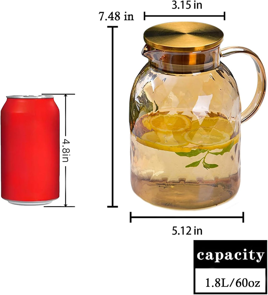 62oz Glass Pitcher with Lid - Amber Borosilicate Water Carafe, Heat Resistant Vintage Jug for Iced Tea, Juice