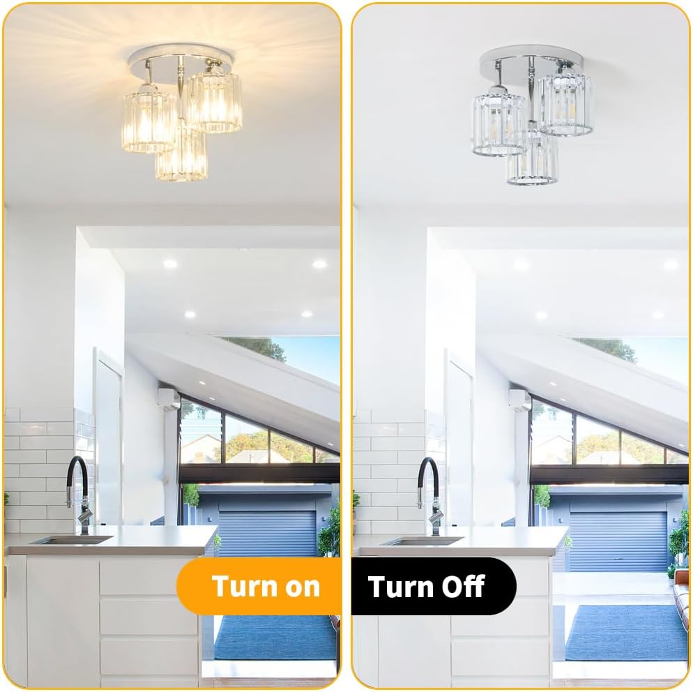 Crystal Ceiling Light Fixture, Chrome Semi Flush Mount Ceiling Light Fixture, 3-Light Hallway Lighting with Clear