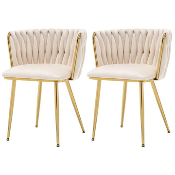 Velvet Dining Chairs Set of 2, Modern Upholstered Woven Dining Chairs with Gold Metal Legs, Modern Accent Chairs