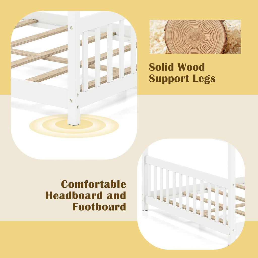 Full Size Floor Bed, Solid Wood Montessori House Bed with Roof, Headboard and Footboard, Low Full Bed Frame for Kids
