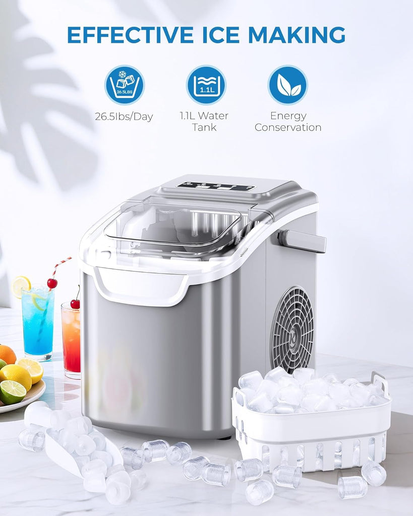 Countertop Ice Maker Portable Ice Machine with Handle,Self-Cleaning Ice Makers, 26Lbs/24H, 8 Ice Cubes Ready in 6