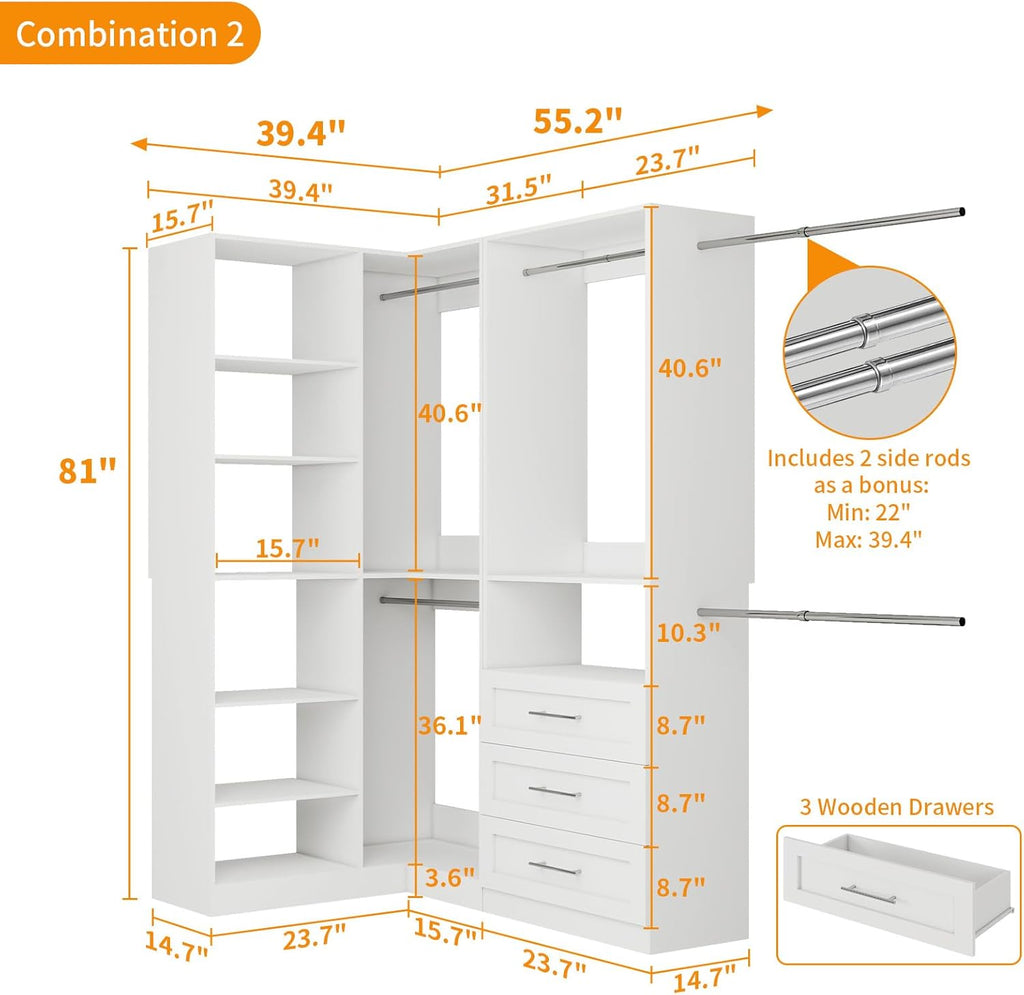 Closet System with 3 Drawers, Corner Closet Organizer Systems with 7 Shelves & 5 Hanging Rods L-Shaped Walk in Closet