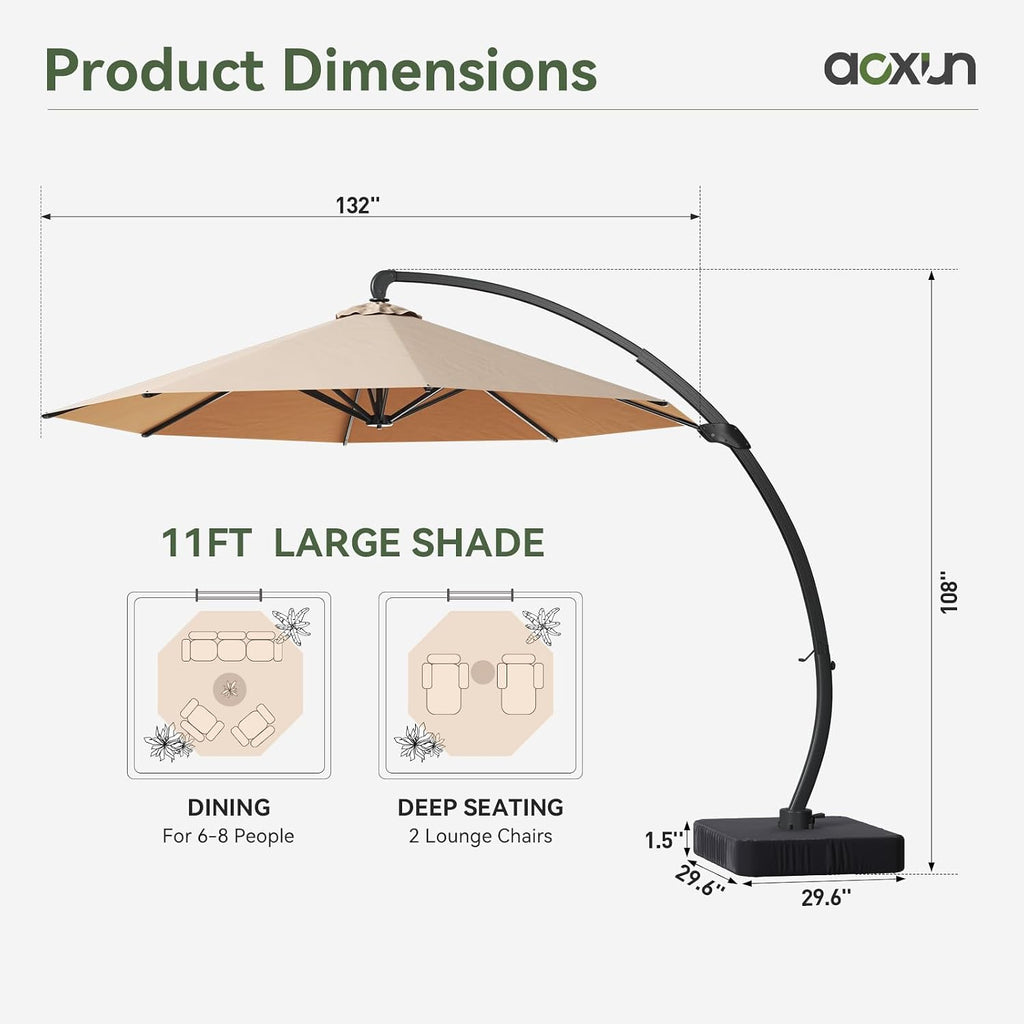 11 FT Cantilever Umbrella with led Light, Patio Large Aluminum Offset Umbrella Windproof with 360°Rotation