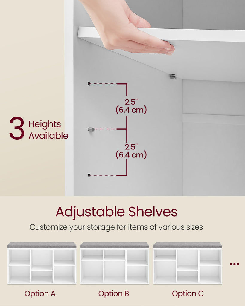 Shoe Bench with Cushion, 6 Compartments, 3 Adjustable Shelves