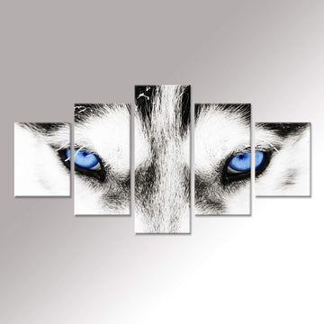 Large 5 Pieces Wolf Canvas Wall Art Black and White Wolf Dog Blue Eyes Animal Face Head Series Abstract Picture