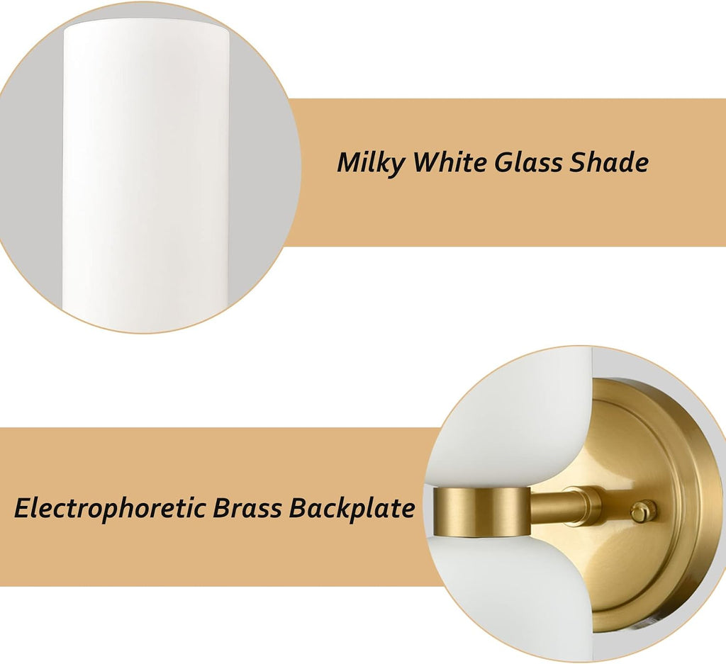 Gold Wall Sconces Set of Two 2-Light Modern Wall Light | 3.93"(W)*14.2"(H), E12 Dimmable, Slim Milky White Glass