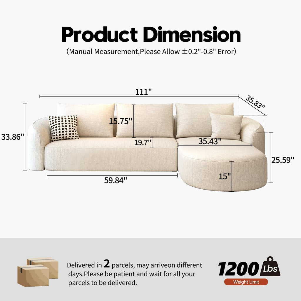 111" Modular Sectional Couches Luxury Modern Curved Back Sofa,Minimalist Comfy L-Shape Boneless Cloud Couch for Living