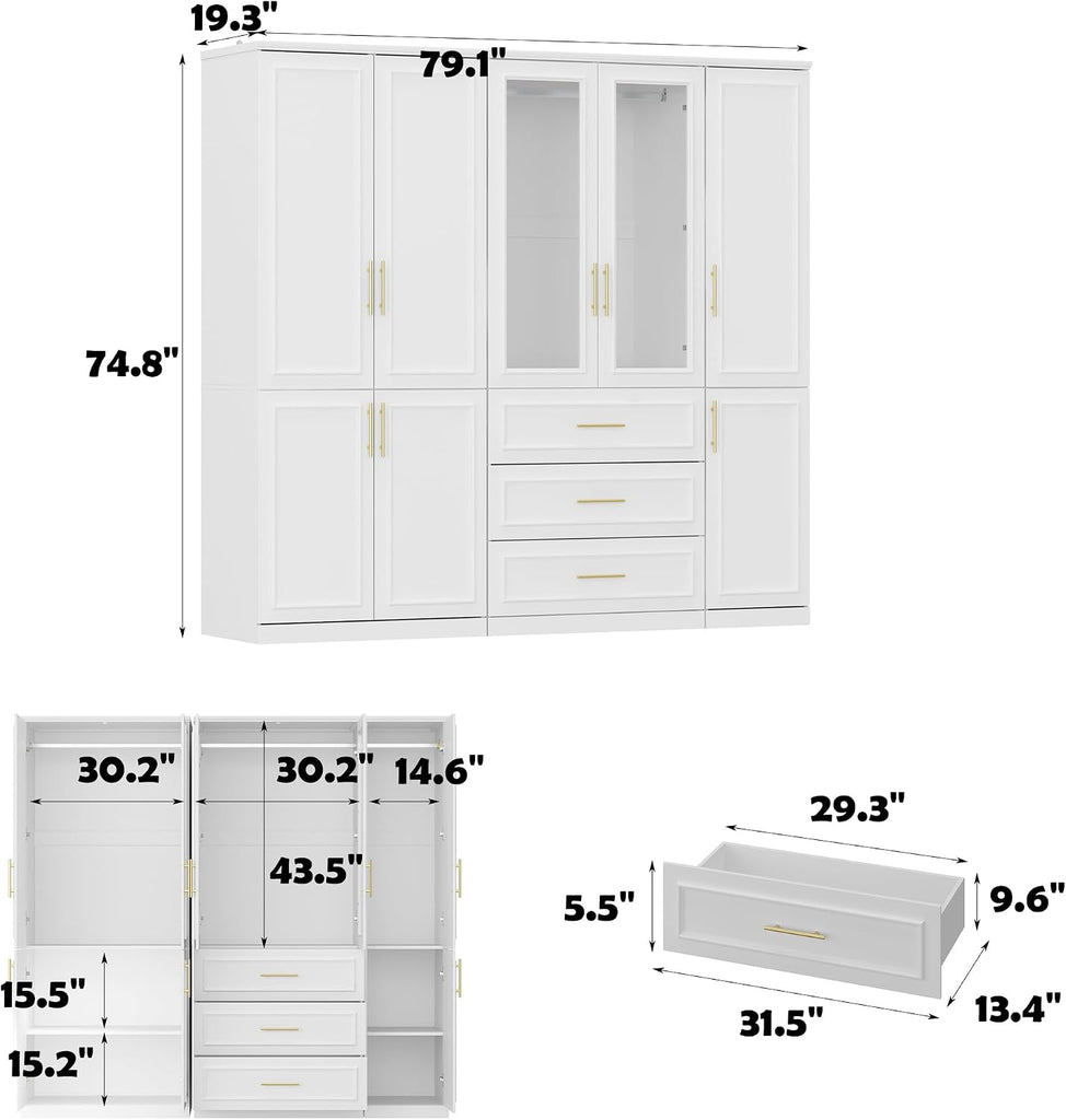 Wardrobe Closet Collection with Doors, Modern White Bedroom Armoire System with Gold Handles, Modern Clothes Storage