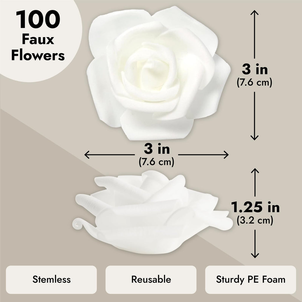 White Flowers Artificial Roses - Artificial Flowers for Wedding Decor & Centerpiece Table Decorations - 100-Pack, 3