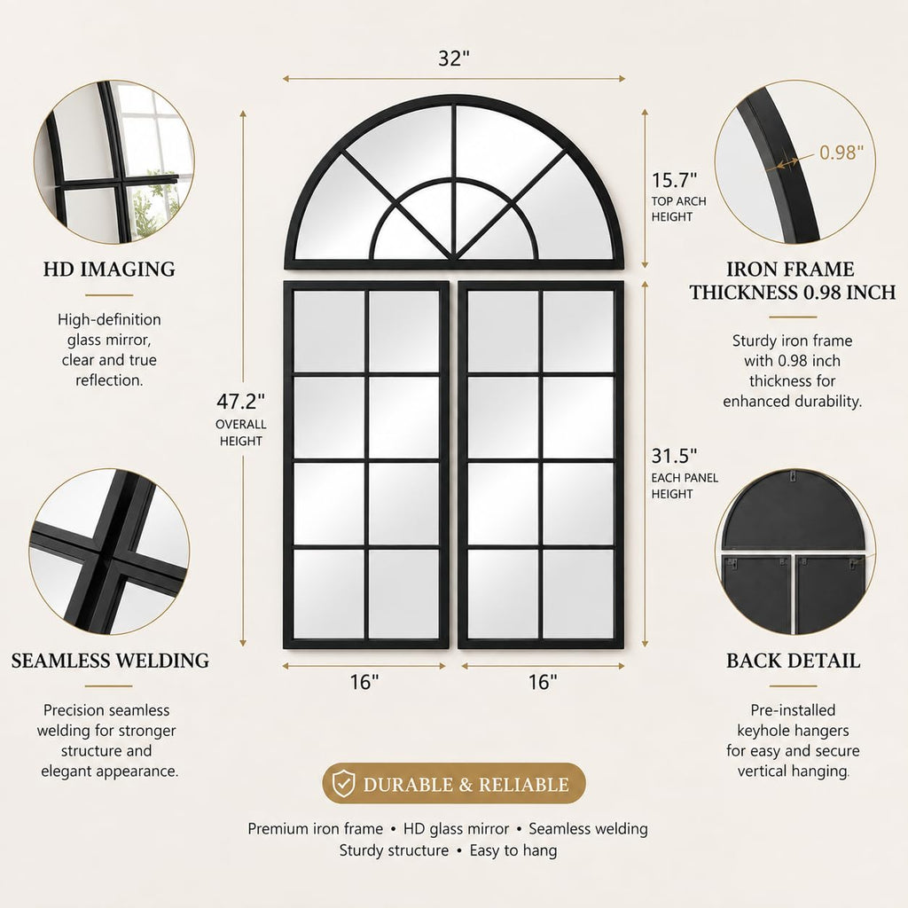Large Black Arched Window Mirror, 32 x 47.2 in, 3-Piece Set