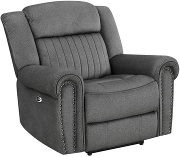 Microfiber Power Reclining Chair, Charcoal Textured Fabric, Nailhead Trim, 40"H x 41"W x 38"D, Solid Wood Frame