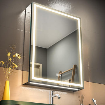 20 * 28 Right Hinge LED Bathroom Mirror Cabinet, Aluminum Medicine Cabinet | Light Adjustable, Sockets & USBs inside