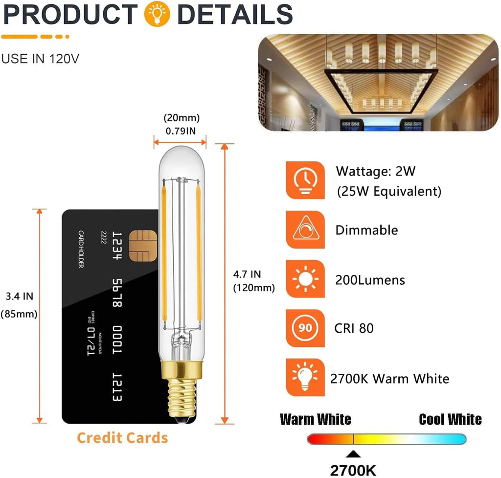 T20 T6 Small LED Bulb Long Filament 2W Equal 25 Watt E12 Candelabra Edison Tubular LED Light Bulb Dimmable 2700K Warm (4Pack)