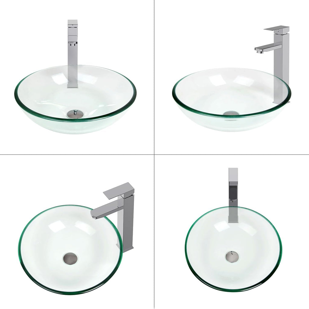 Bathroom Vessel Sink, Tempered Glass Vanity Round Bowl with Chrome Faucet and Pop up drain Set, Clear