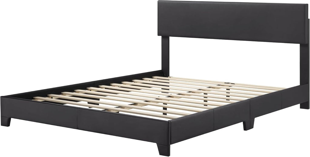 Queen Bed Frame with Adjustable Headboard, Faux Leather Platform Bed with Wood Slats, Heavy Duty Mattress Foundation