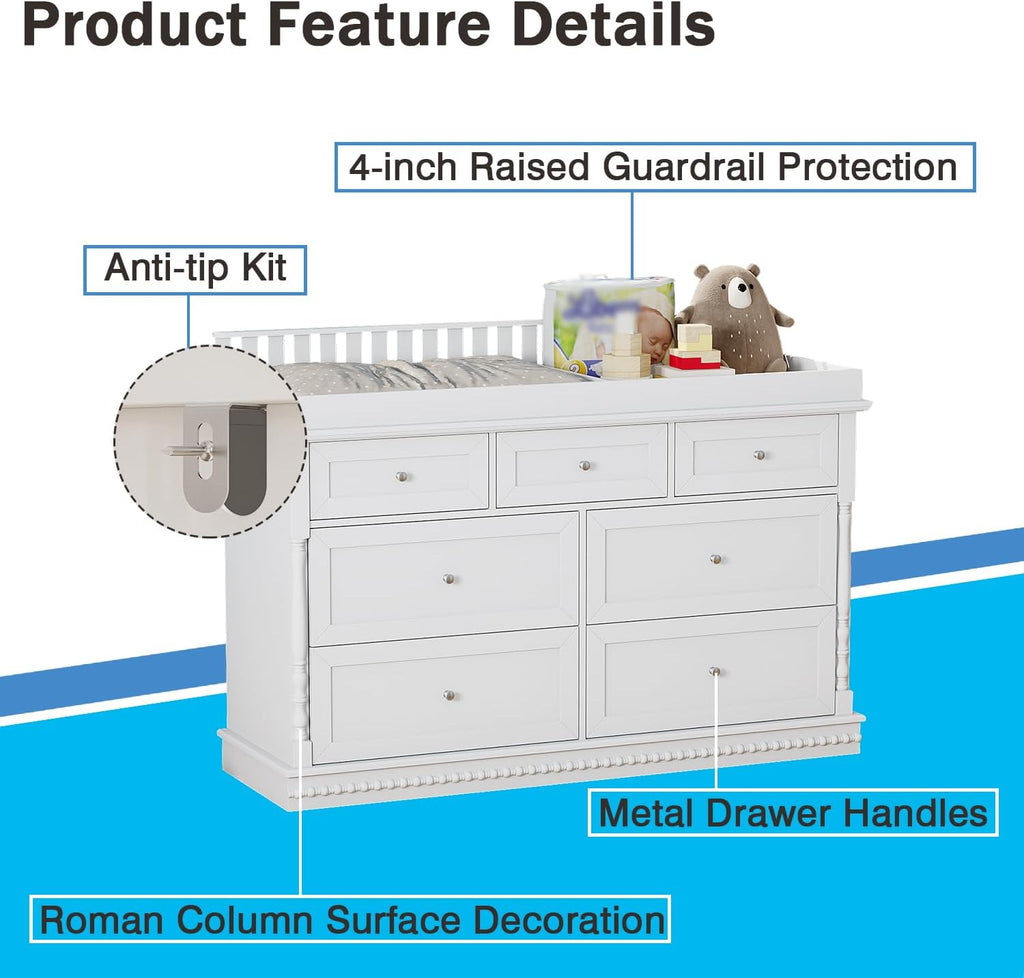 56.5" Baby Dresser with Removable Changing Table Top, Large White Dresser with 7 Storage Drawers, Baby Changing